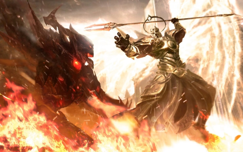 day, sphere, Diablo III, fire, gladiator, female likeness, fire - natural phenomenon, creativity, flame, video games, Diablo, statue, human representation