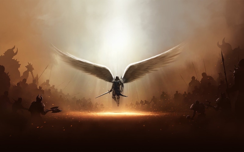 spread wings, people, sky, angel, tree, sword, wings, animals in the wild, 720P, group of animals, fog, motion, animal wildlife, outdoors, group of people