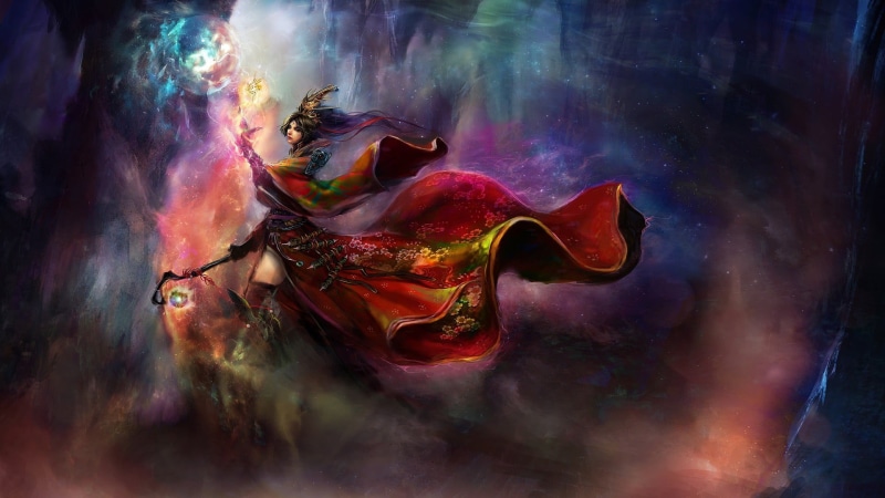 1080P, fantasy art, multi colored, wearing, Diablo III, star - space, abstract, red, haired, character, paint, close-up, girl, wizard, no people