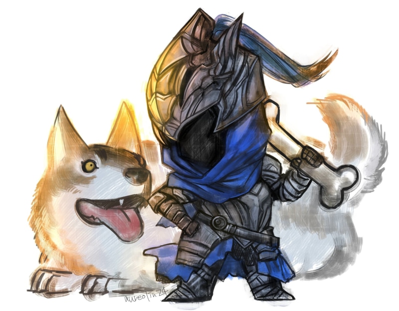 1080P, illustration, dog, Armor, knight, Wolf, Artorias (Dark Souls), Dark Souls, Chibi, Sif (Dark Soul)
