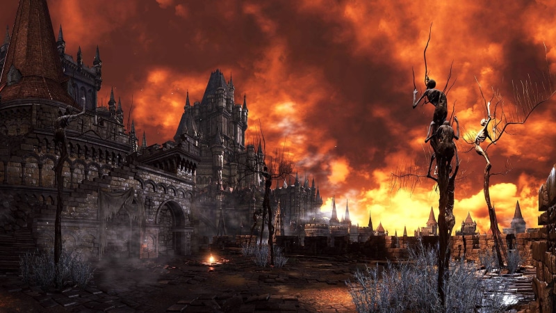 air pollution, video games, building exterior, no people, Dark Souls III, environmental issues, castle, fire, destruction, built structure, religion, heat - temperature