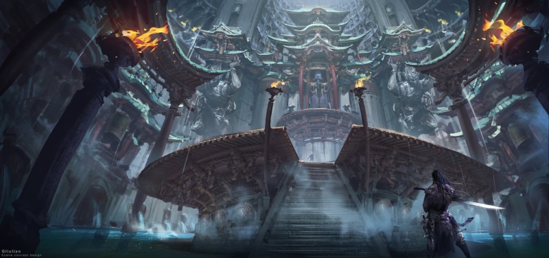 fantasy art, indoors, religion, 720P, temple, architectural column, mist, incidental people, tourism, fire, illuminated, place of worship, arch, sword