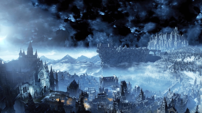 panoramic, skyscraper, nature, city life, cloud - sky, cityscape, castle, city, building exterior, Irithyll, digital composite, sky, illuminated, outdoors