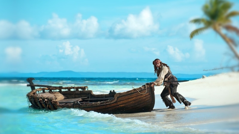 scenics - nature, sparrow, 1080P, pirates, men, outdoors, Jack Sparrow, fisherman, transportation, nature, boat, side view, beach, Johnny Depp, waterfront