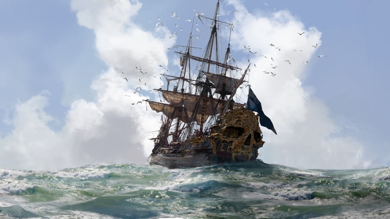 waterfront, pirates, power in nature, transportation, day, shipwreck, video games, motion, damaged, cloud - sky, galleon, sea, Skull and Bones, wave, no people