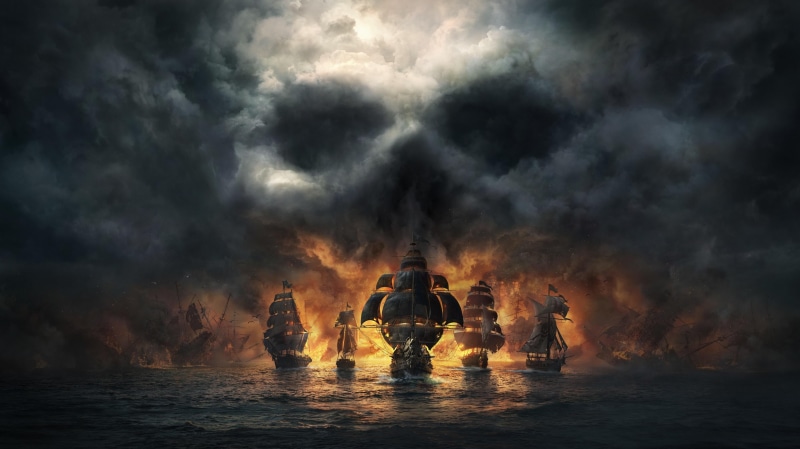 sea, skull, Pirate Flag, Pirate ship, clouds, 2K, fire, ship, pirates