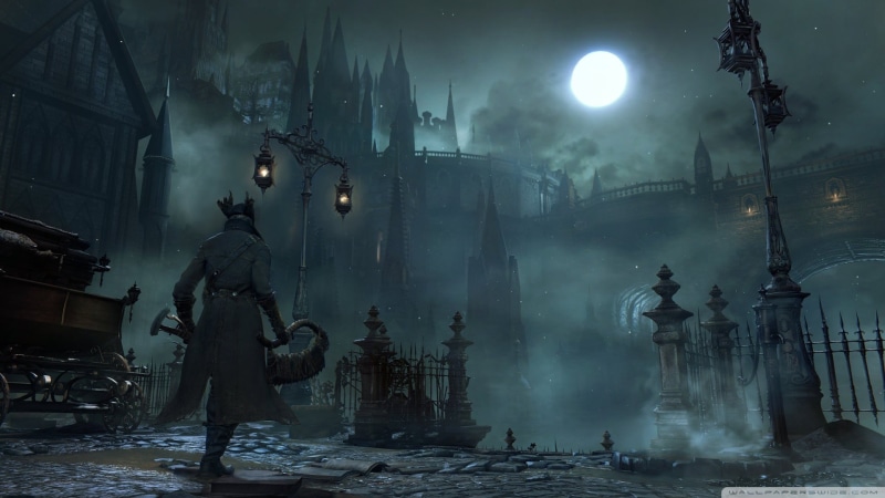 standing, video games, Bloodborne, illuminated, nature, building, built structure, 1080P, building exterior, water, people, lighting equipment