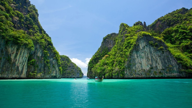 tranquil scene, land, ship, waterfront, lagoon, mountain, nido, non-urban scene, formation, Thailand, rock - object, scenics - nature, turquoise colored