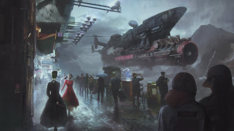 spirituality, smoke, illustration, station, women, adult, smoke - physical structure, street, architecture, belief, Dani Naimare, cyberpunk, night, science fiction