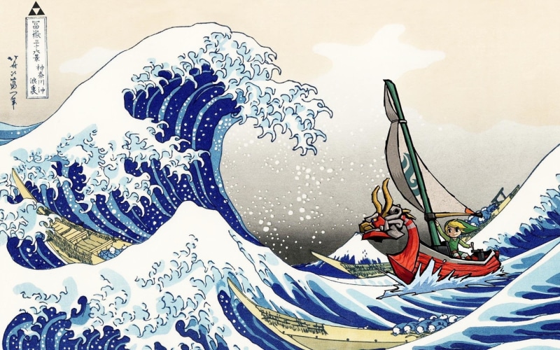 illustration, motion, The Great Wave off Kanagawa, riding, art and craft, text, The Legend of Zelda: The Wind Waker, creativity, no people, snowcapped mountain