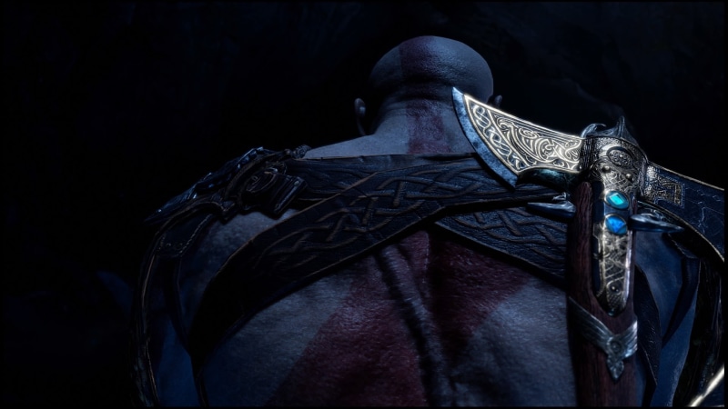 God of War (2018), black background, weapon, obscured face, metal, God of War, vignette, knight - person, history, Kratos, night, suit of armor, architecture