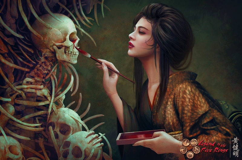 digital art, Legend of the Five Rings, costumes, Mario Wibisono, 720P, geisha, Japan, blood, skull, skeleton, video games, women, Asian, illustration