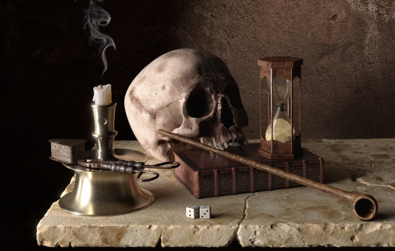 flint, art, 1080P, bones, skull, time, Memento Mori, Buyukyilmaz Honor, book, candle, hourglass, tube