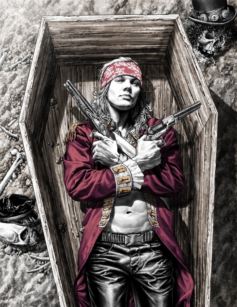 long hair, coffins, 720P, musician, rock and roll, Guns N Roses, pistol, hat, bandanas, bones, skull, rock bands, men, Axl Rose, Lee Bermejo