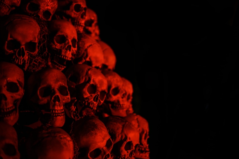 eerie, studio shot, red, tribal, 5K, gray, massacre, art and craft, skeleton, evil, indoors, fear, human, celebration, cannibal, medical, bone, skulls