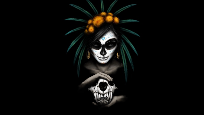 mythical creature, graphics, sugar skull, darkness, bone, skull, 4K, la catrina, art, fictional character, calavera
