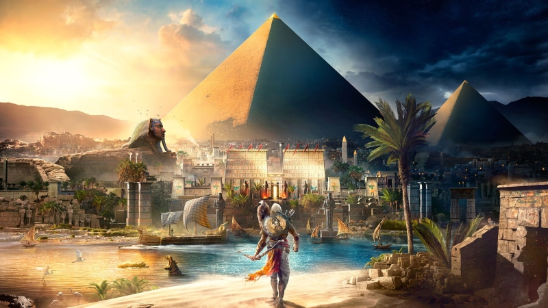 people, video games, Egypt, building, river, travel destinations, the past, Nile, ancient, building exterior, sunset, boat, sphynx, history, architecture