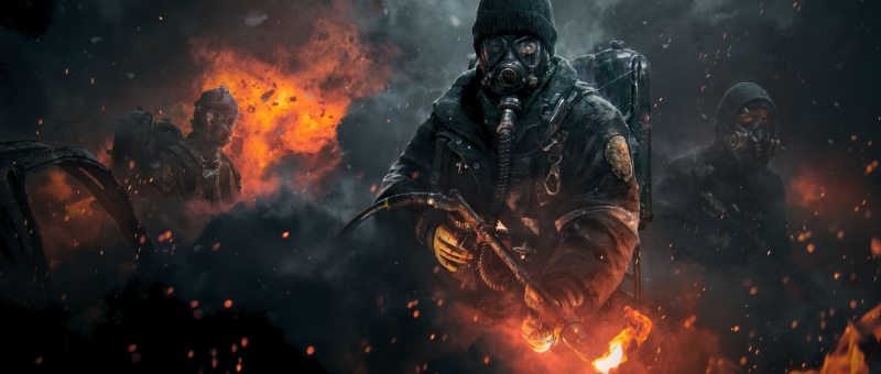 Tom Clancy, hood - clothing, smoke - physical structure, thrower, mask, communication, burning, wall, man, mask - disguise, d, fire, Tom Clancys The Division
