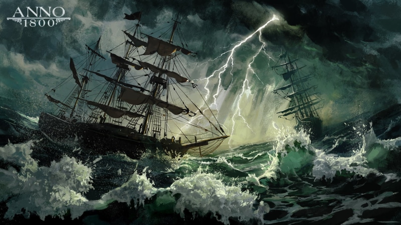artwork, ocean battle, waves, Ubisoft, Anno 1800, lightning, digital art, storm, sailing ship, 1800s, frigates, concept art, 1080P, sea