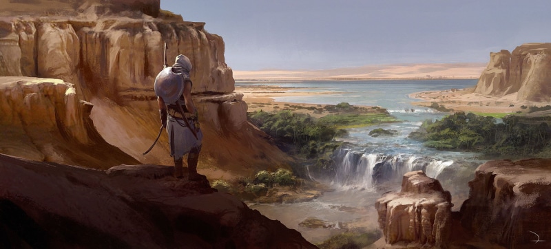 solid, looking at view, 1080P, rock formation, standing, rock, one person, outdoors, sea, adult, wooden, motion, beauty in nature, adventure, horse, Ubisoft
