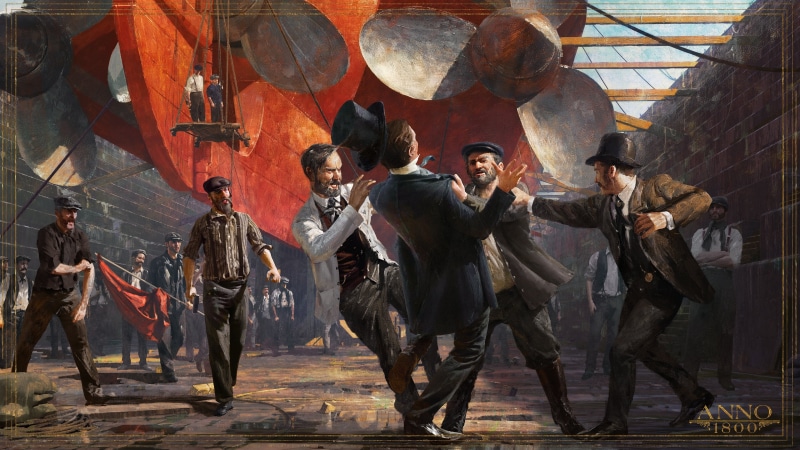 dockyard, concept art, 1800s, digital art, workers, Anno 1800, top hat, Ubisoft, propeller, steam ship, artwork, 4K