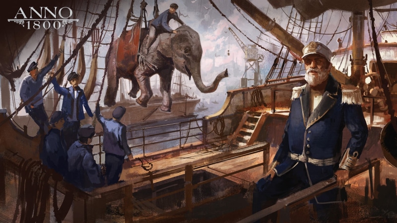 1080P, artwork, digital art, concept art, rigging (ship), sailing ship, Ubisoft, elephant, Anno 1800, 1800s