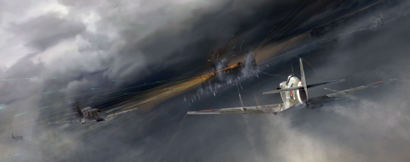 airplane, fighter plane, smoke - physical structure, on the move, UK, flying, government, World War II, fighting, sky, military, cloudy, nature, 5K, Royal Airforce