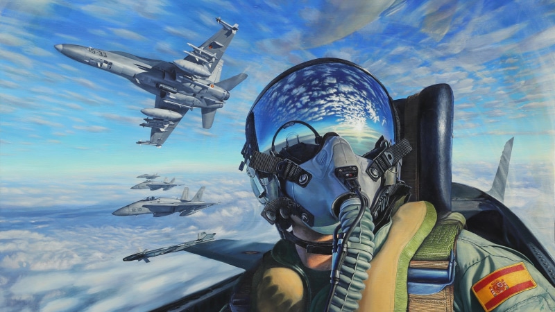 fa 18 hornet, artwork, sky, airplane, fighter pilot, aviation, aircraft, air force, painting art, spanish air force, military aircraft, 4K, painting, mcdonnell douglas