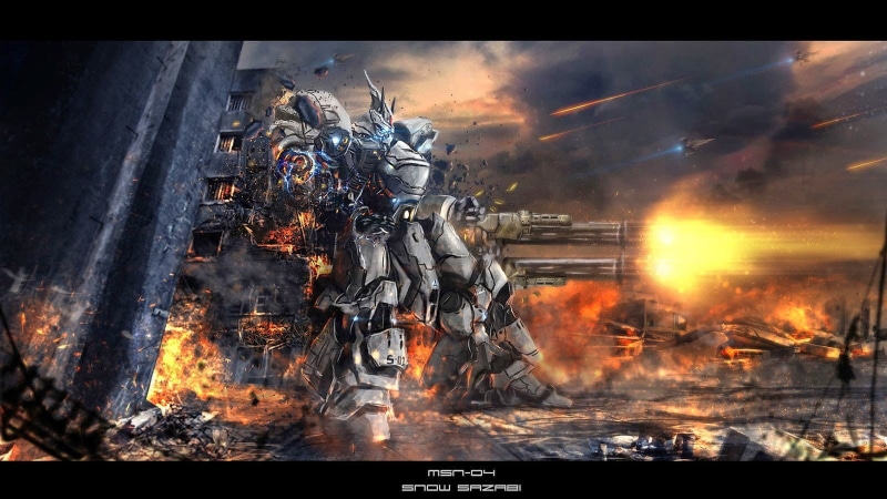 auto post production filter, Mobile Suit Gundam, outdoors, digital composite, environment, water, nature, no people, transfer print, orange color, fire - natural phenomenon
