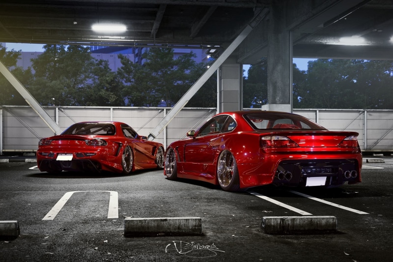 transportation, mode of transportation, no people, tuning, nissan, red, road, motor vehicle, car, s, s15, damaged, mazda, architecture, rx-7, illuminated
