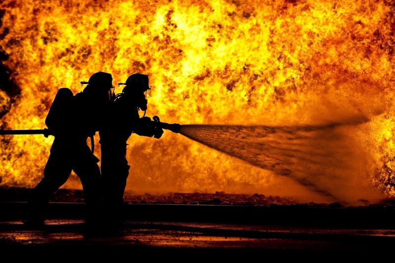 firefighters, nature, using, 1080P, heat - temperature, firefighter, ship, standing, safety, occupation, two people, two, communication, water, danger