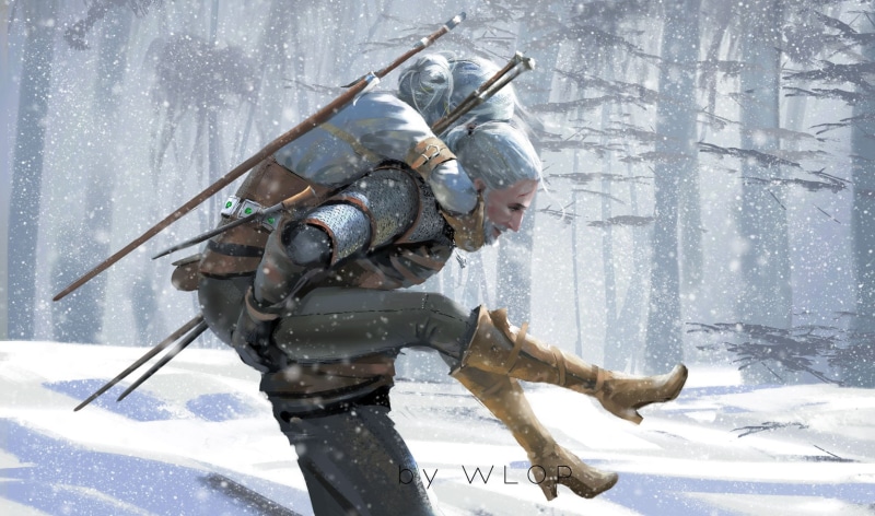 snowing, holding, snow, The Witcher, 720P, winter, real people, Cirilla, military, two people, gun, Geralt of Rivia, outdoors, witcher, WLOP, cold temperature