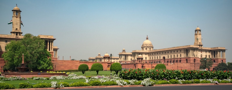 flowerbed, the past, tourism, 4K, ornate, government, history, plant, tree, no people, architecture, new delhi, nature, clear sky, dome, parliament, day
