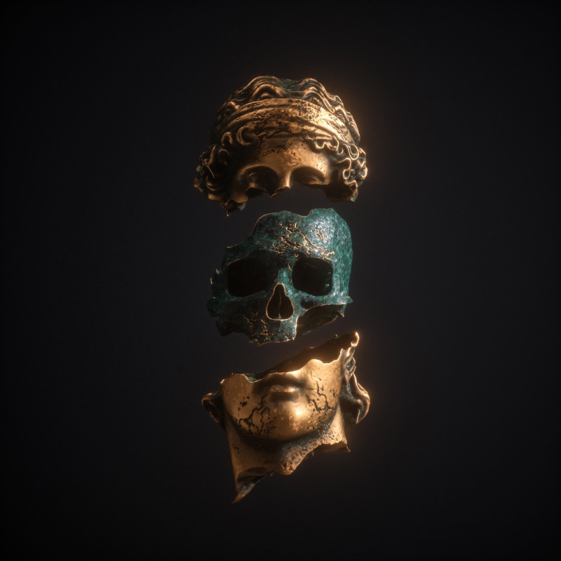 Apashe, gold, black, 2K, sculpture, black background, skull