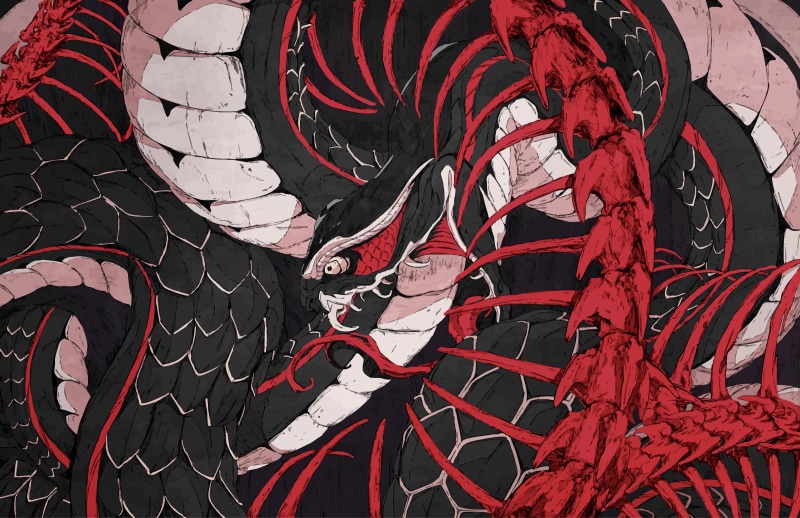 snake, skeleton, serpent, artwork, ouroboros, creature, digital art, bones, fantasy art, scales, fangs, Chun Lo, 4K