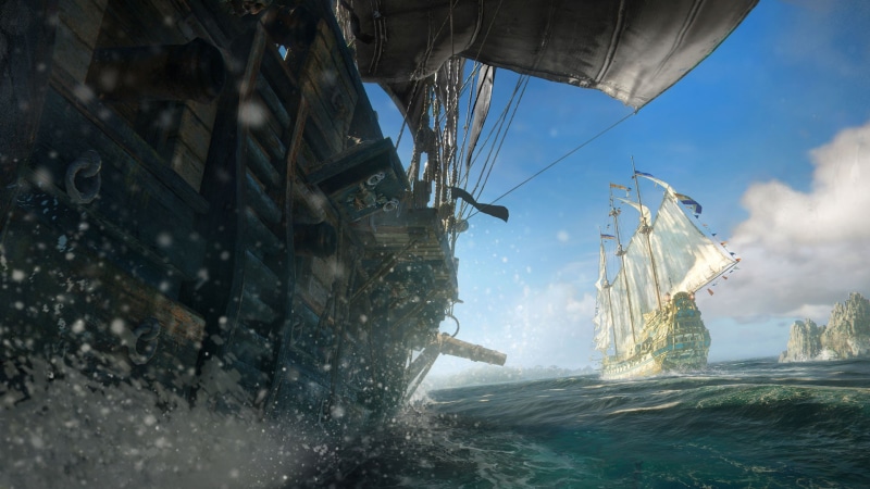 low angle view, pirates, sky, sea, day, Skull and Bones, motion, cloud - sky, nature, video games, breaking, Ubisoft, splashing, nautical vessel, water