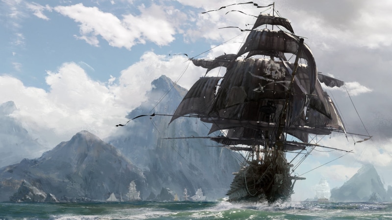 Pirate ship, nature, no people, transportation, video games, sunlight, beauty in nature, gray, Skull and Bones, outdoors, mode of transportation, scenics - nature