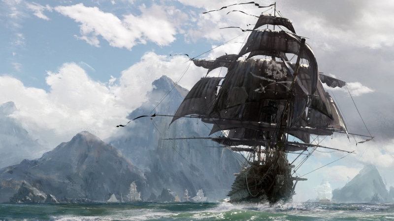 1080P, pirates, video games, Skull and Bones, sea, Pirate ship, mountains