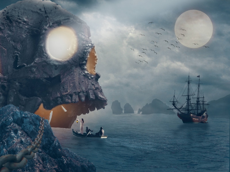 animal themes, rock, sky, sailing, 4K, ship, water, nature, moon, sailboat, pirates, full, island, sea, transportation, near, mode of transportation