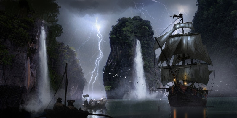 famous Place, art, lightning, thunderstorm, ship, 4K, brown, plant, travel, no people, power in nature, waterfall, tourism, land, boat, pirates, motion
