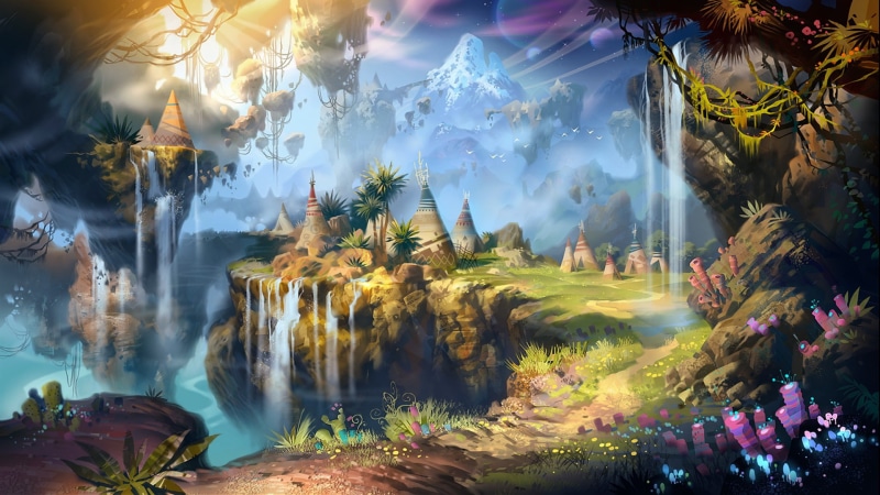 mountains, hd, art, px, 1080P, fantasy art, Waterfall, 1920x1080 px, x, fantasy, sunsets, nature