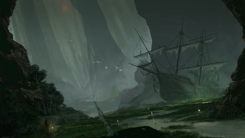sinking ships, pirate, land, non-urban scene, wrecked, sky, water, swamp, scenics - nature, beauty in nature, sailing ship, 1080P, tree, fog, abandoned