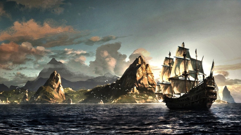 waterfront, sailing, sunset, galleon, video games, power in nature, sea, cloud - sky, ship, storm, nature, Assassins Creed: Black Flag, beauty in nature