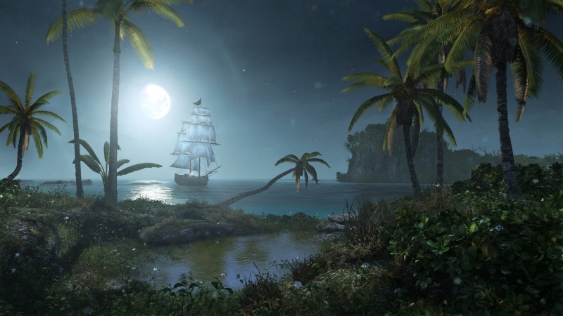 no people, beauty in nature, scenics - nature, outdoors, ship, sea, sky, palm tree, coconut palm tree, Assassins Creed, island, tree, galleon