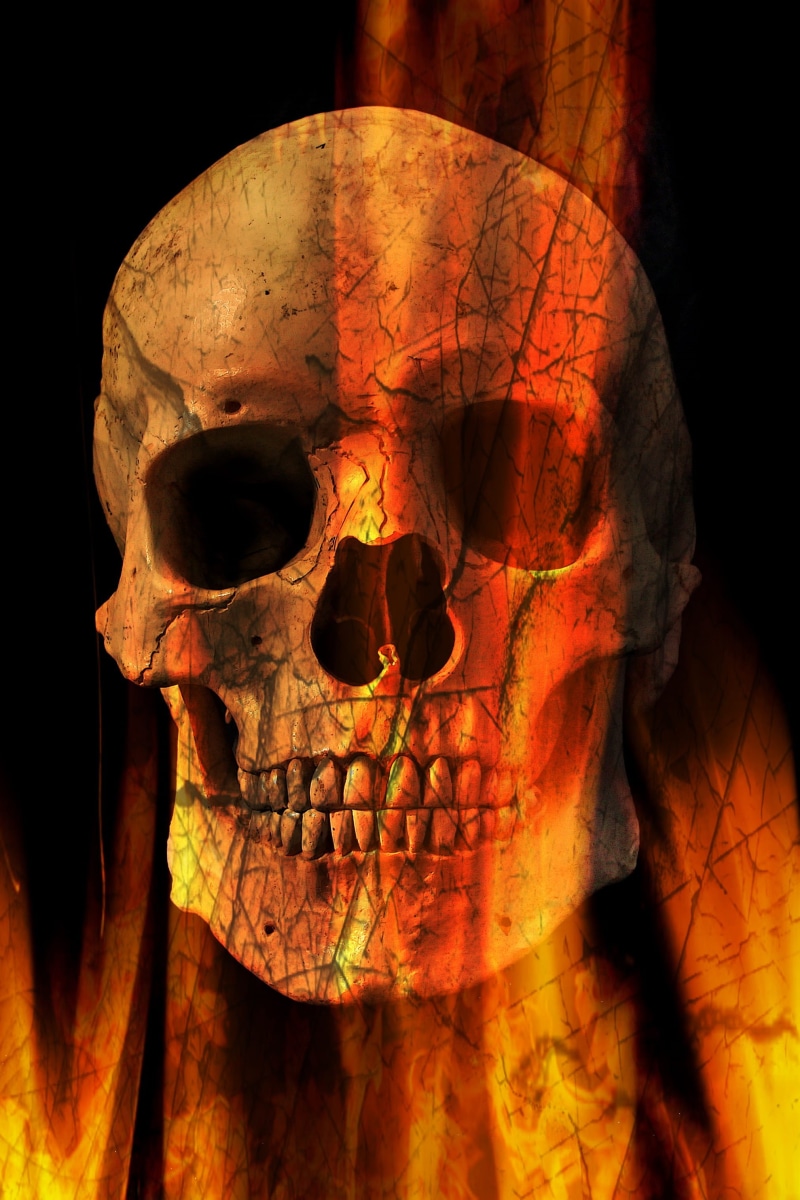 frightening, dead, Skull And Crossbones, body part, people, black background, fear, human body part, fire, indoors, skull bone, 2K, bone, scare