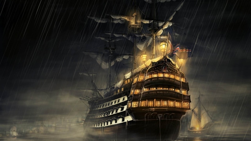 no people, building exterior, tall ship, nature, sailing, ship, fog, water, 1080P, sailing ship, sea, built structure, mode of transportation, galleon