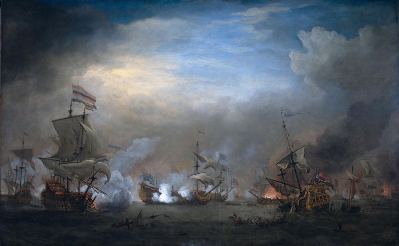 no people, outdoors, willem van de velde, water, heat - temperature, nature, 1080P, battle, oil on canvas, destruction, air pollution, flame, firing, navies
