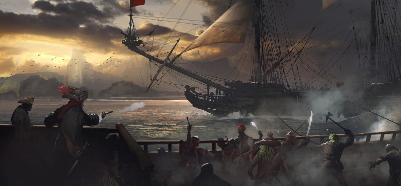 sunset, nautical vessel, nature, outdoors, sky, galleon, working, water, game, pirates, sea, occupation, 1080P, fishing industry, mode of transportation