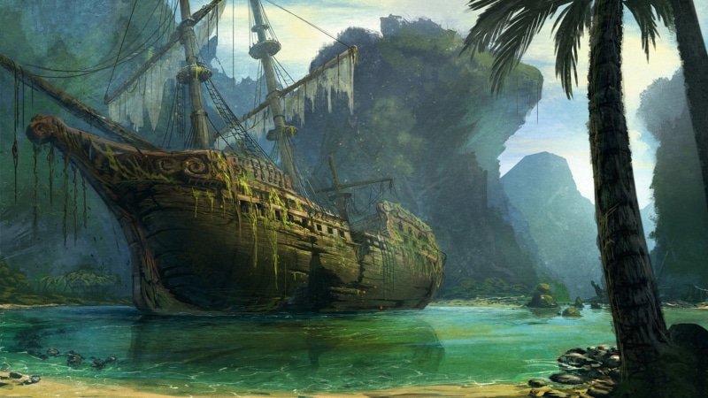 wreck, 1080P, palm trees, artwork, pirates, old ship, fantasy art, sea