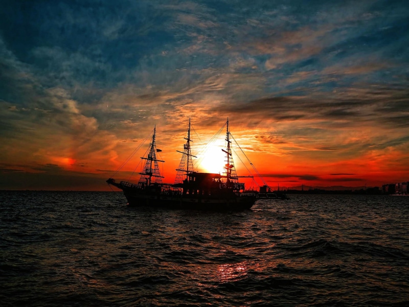 sky, nature, sea, people Traveling, yacht, passenger Ship, coastline, sunrise - Dawn, sunlight, tourism, cultures, ship, summer, body, tranquility, no people